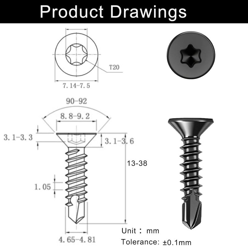 HanTof 100Pcs Torx Drive High-Strength Quick Tapping Screws for Metal, Black #8 x 1 Flat Head Self Drilling Screws, 410 Stainless Steel Sheet Metal TEK Screws Assortment with 1 Pcs T20 Bits - Image 5